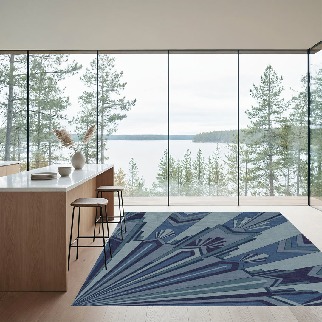 Art Deco Blue Sunburst Geometric Rug