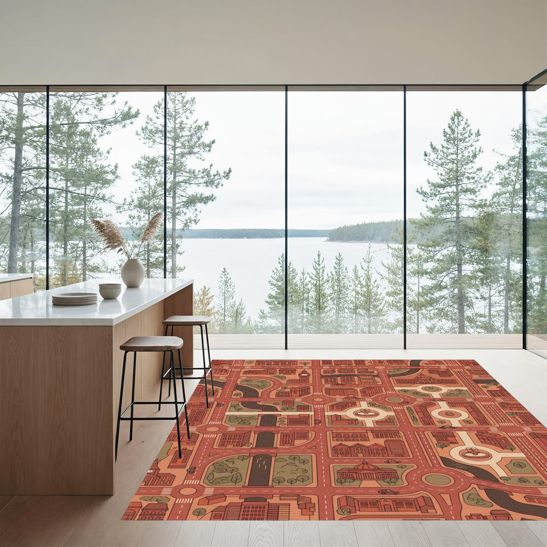 Urban Cityscape Red And Tan Map Rug