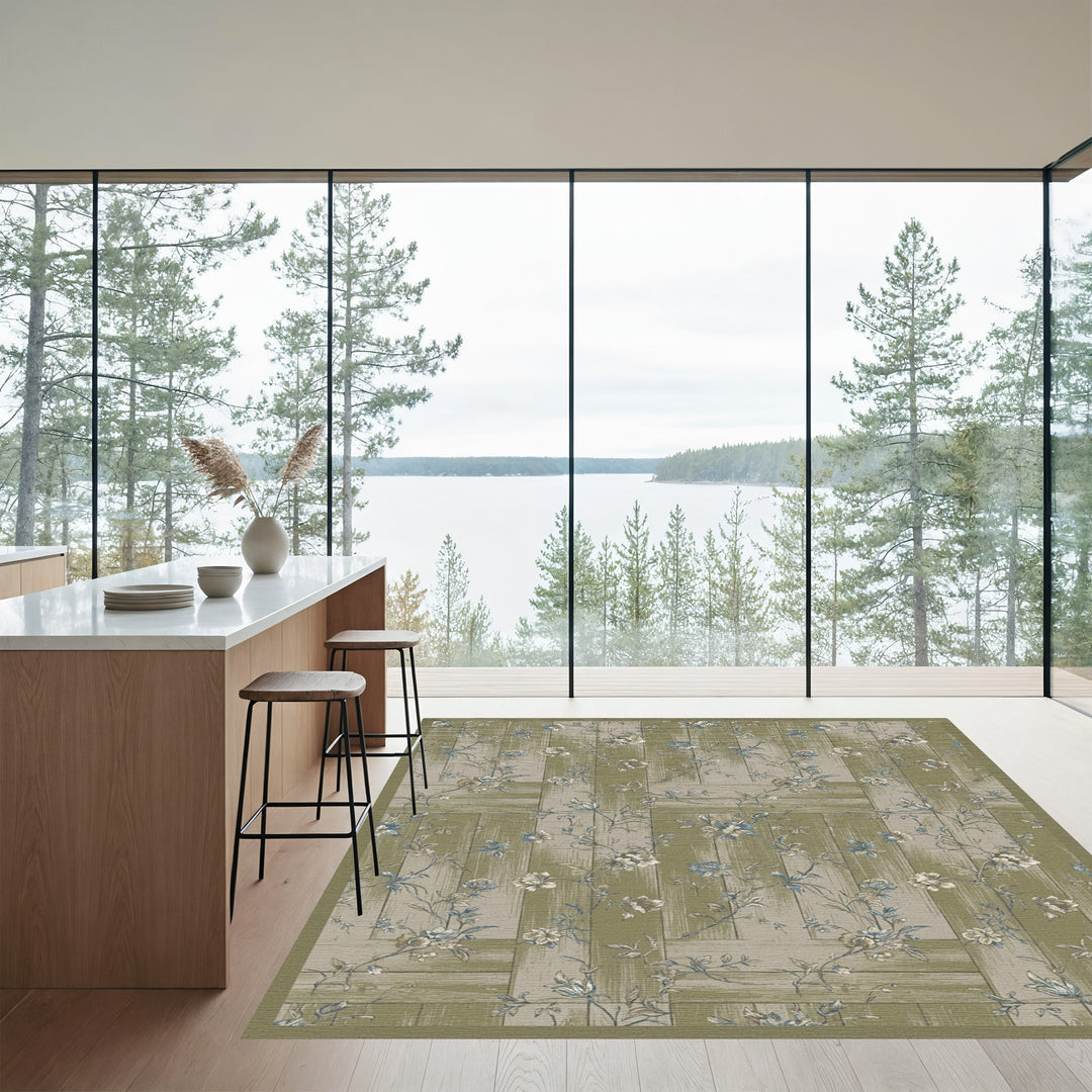 Vintage Green Floral Wood Panel Rug