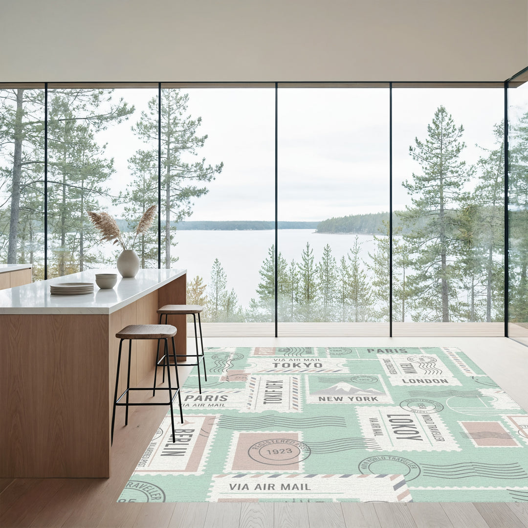Vintage Travel Postmark Collage Square Rug