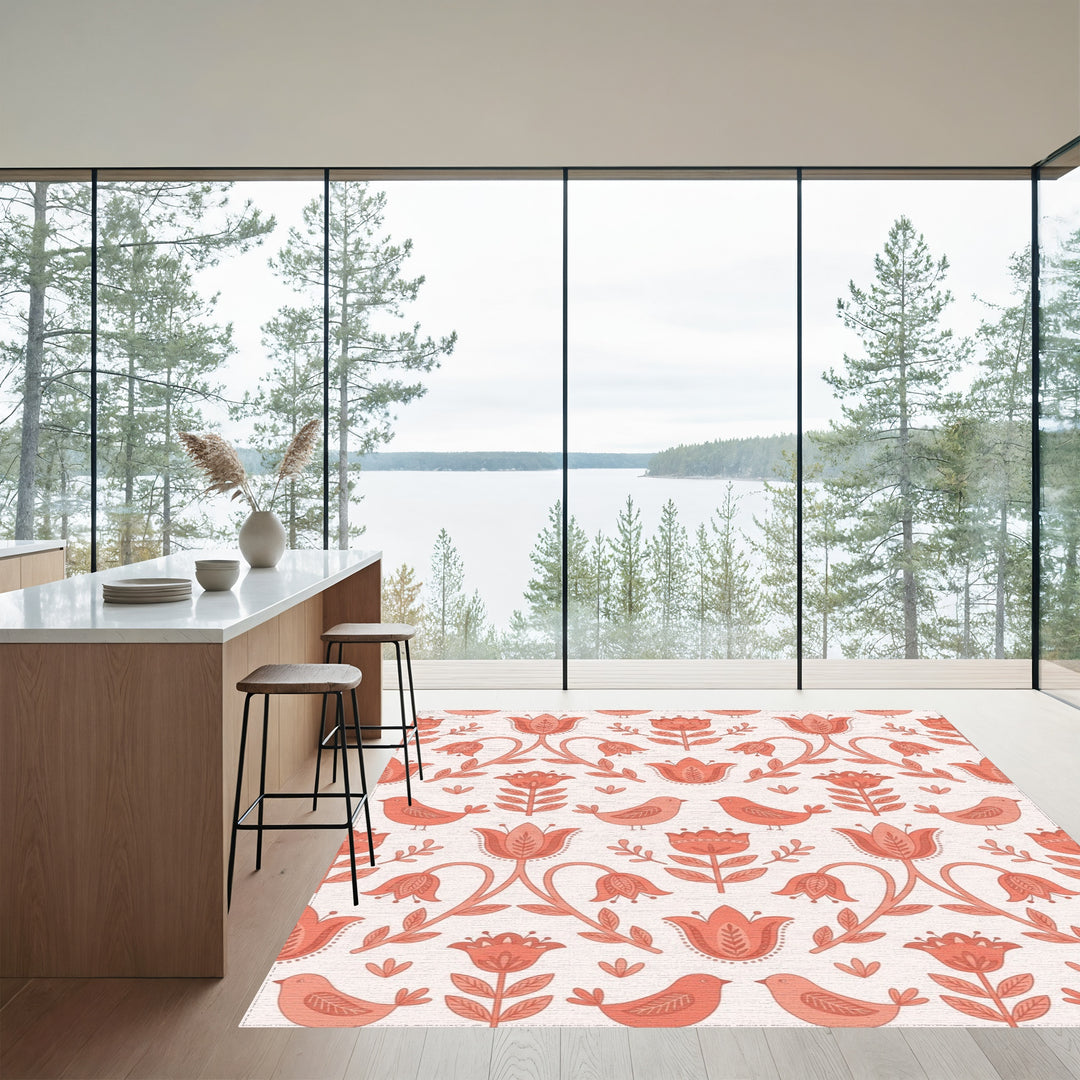 Coral Folk Floral Bird Garden Rug
