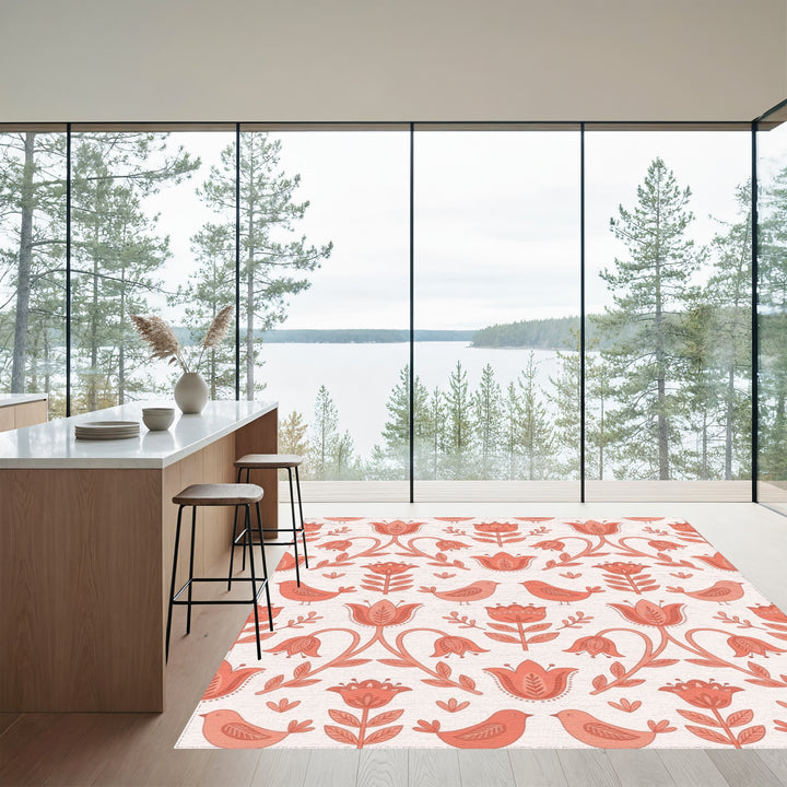 Coral Folk Floral Bird Garden Rug