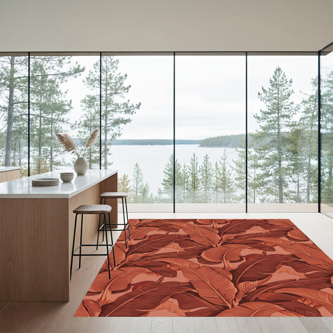 Terracotta Banana Leaf Tropical Foliage Rug