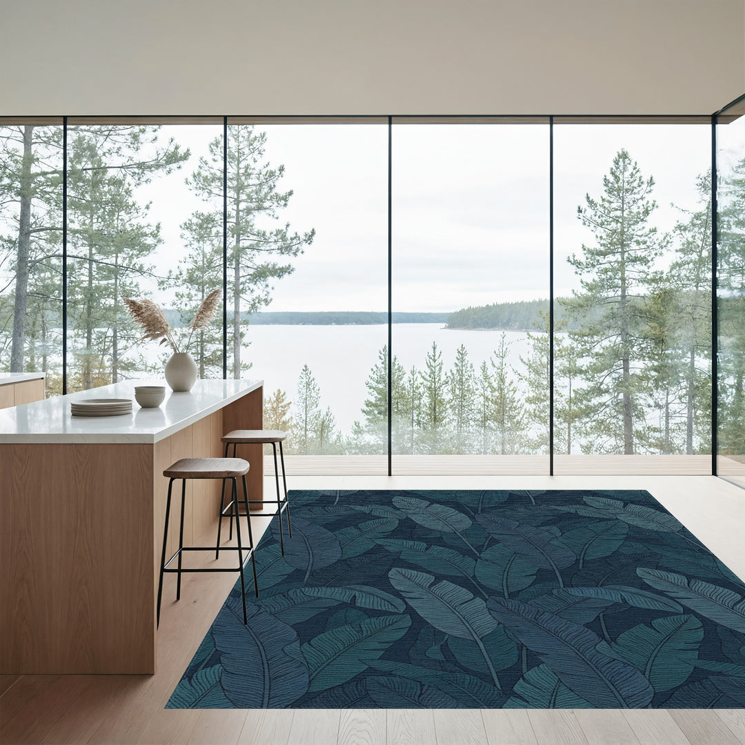 Deep Teal Tropical Leaf Collage Rug