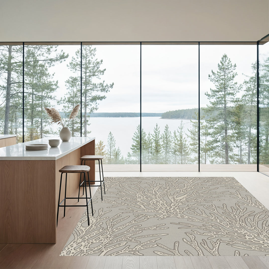 Neutral Beige Coral Branch Arrangement Rug