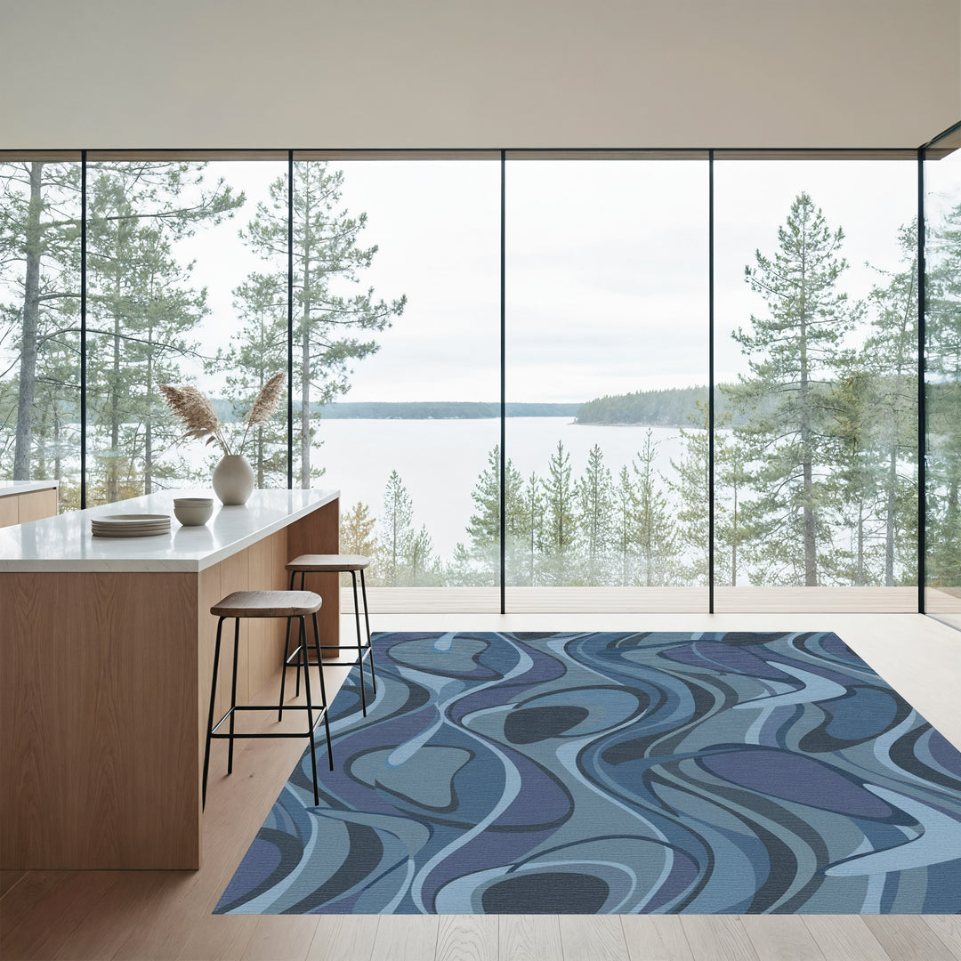 Deep Blue Swirl Abstract Forms Rug