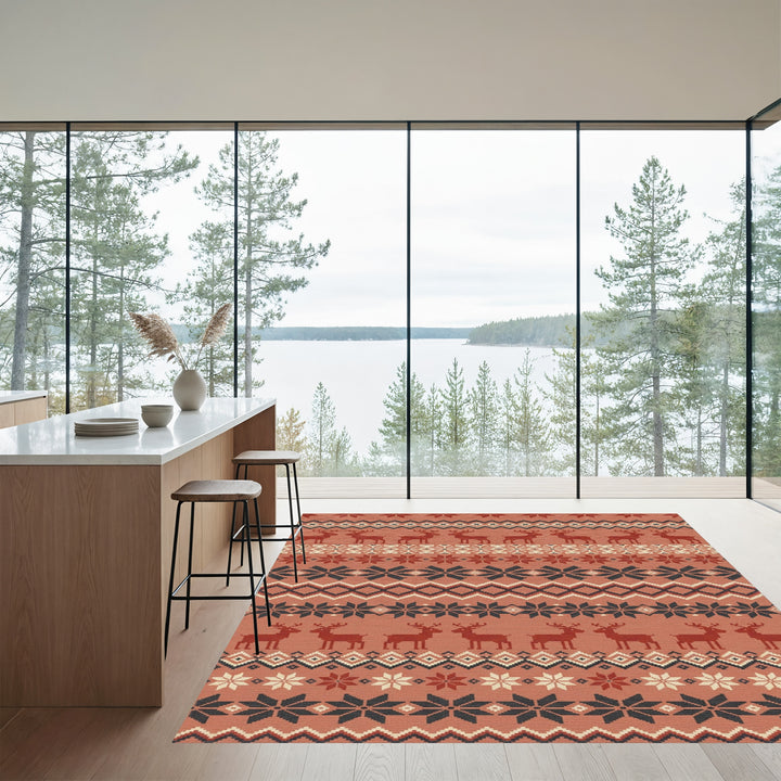 Rustic Red Deer Snowflake Nordic Rug