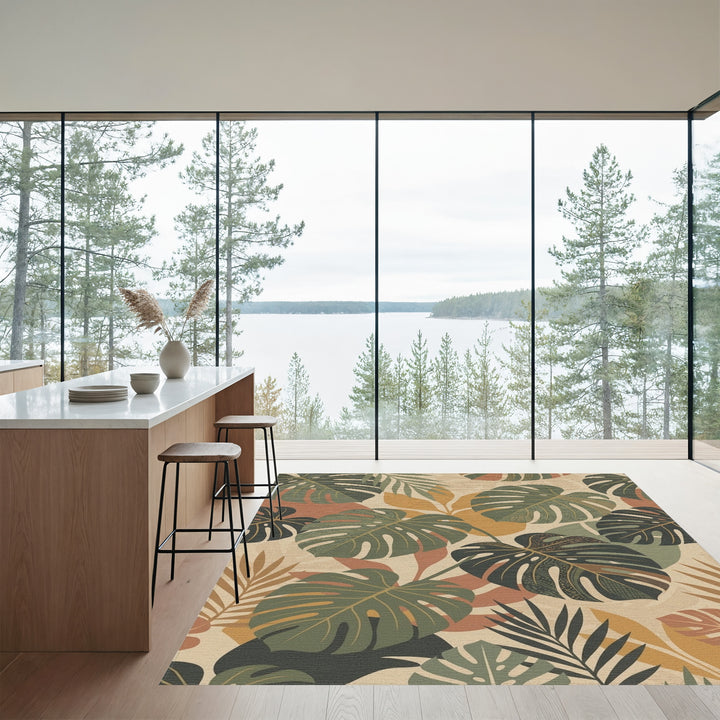 Earthy Monstera Leaf Tropical Collage Rug