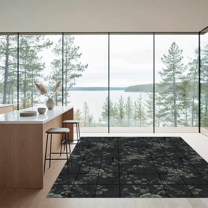 Aged Black Floral Vine Wood Grain Rug