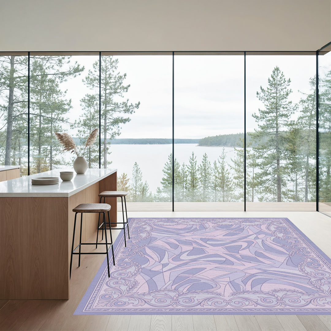 Lavender Swirl Abstract Scrolled Frame Rug