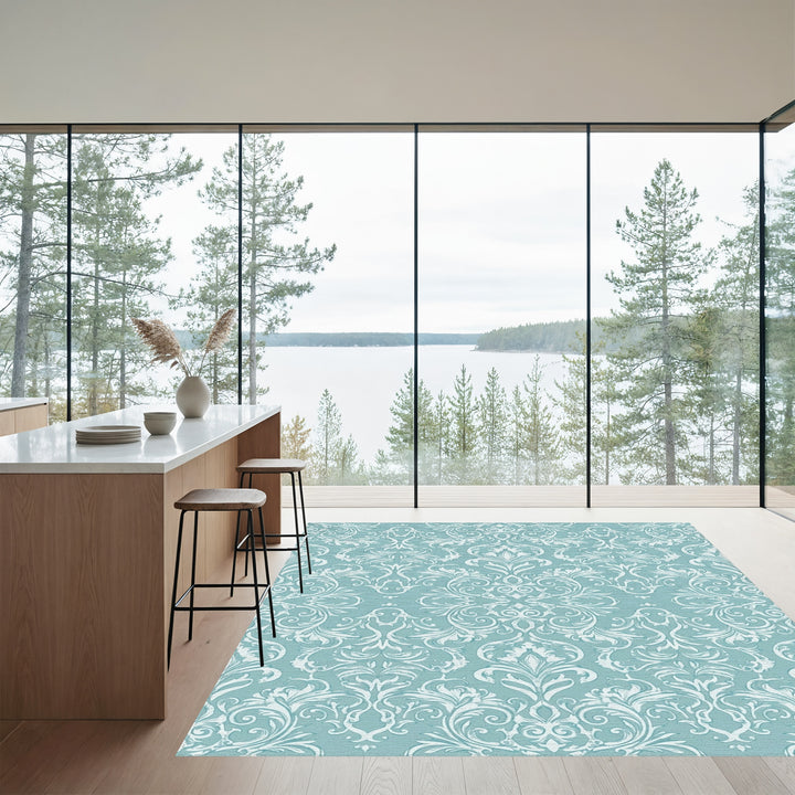 Aqua White Elaborate Scrollwork Rug