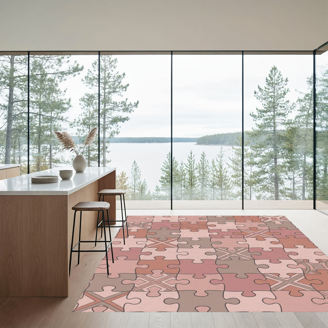 Warm Puzzle Piece Geometric Medallion Rug