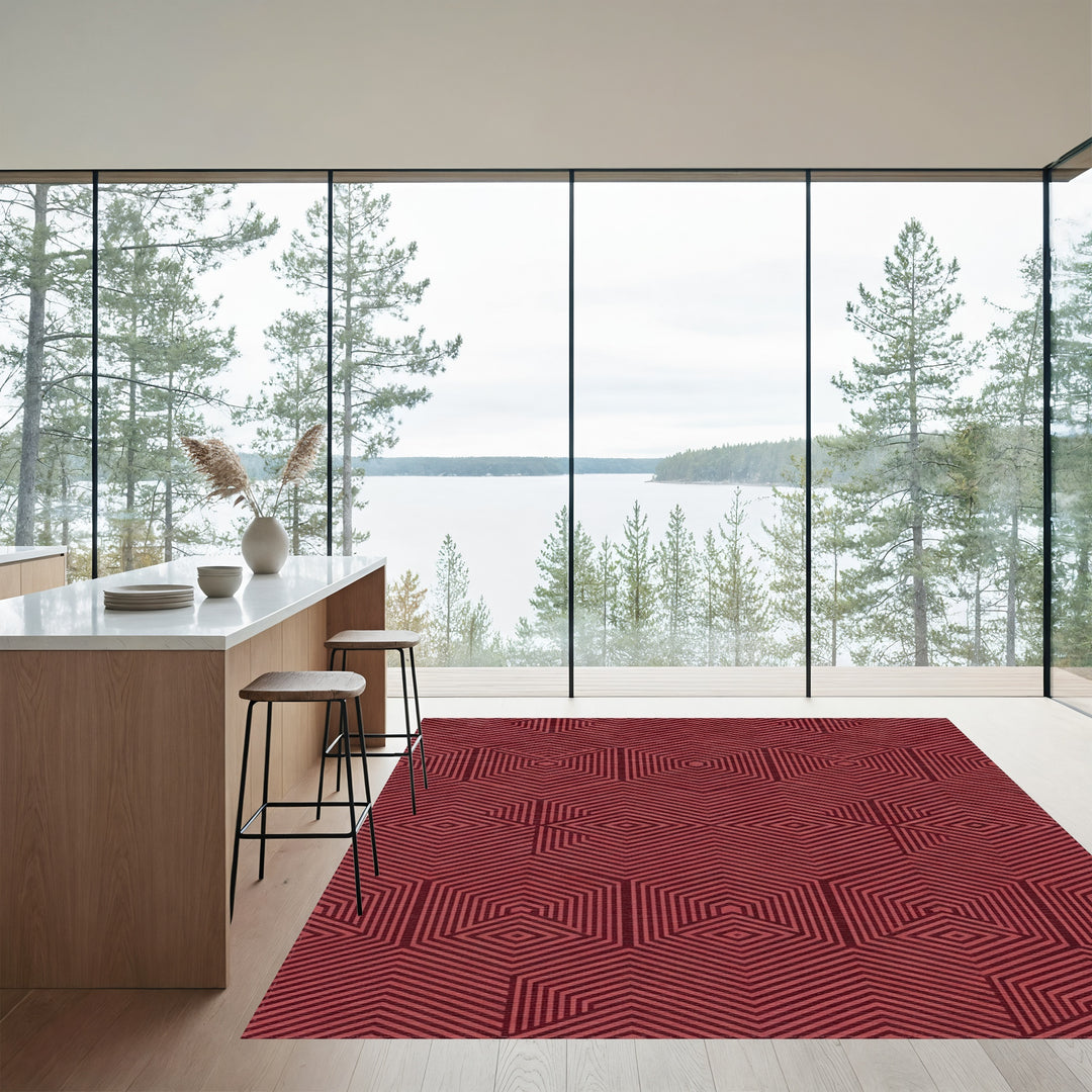 Modern Deep Red Geometric Hexagon Rug