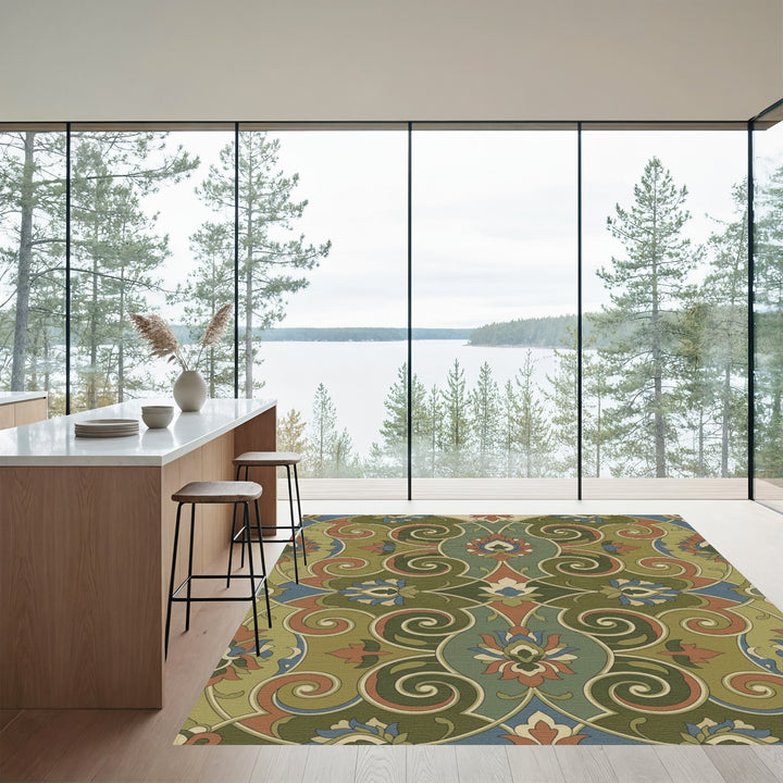 Olive Green Floral Swirl Medallion Rug