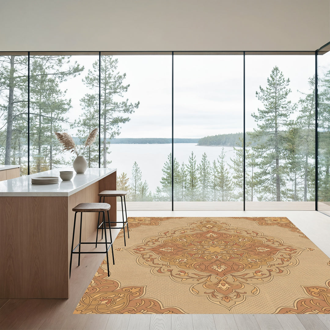 Terracotta Golden Floral Filigree Medallion Rug