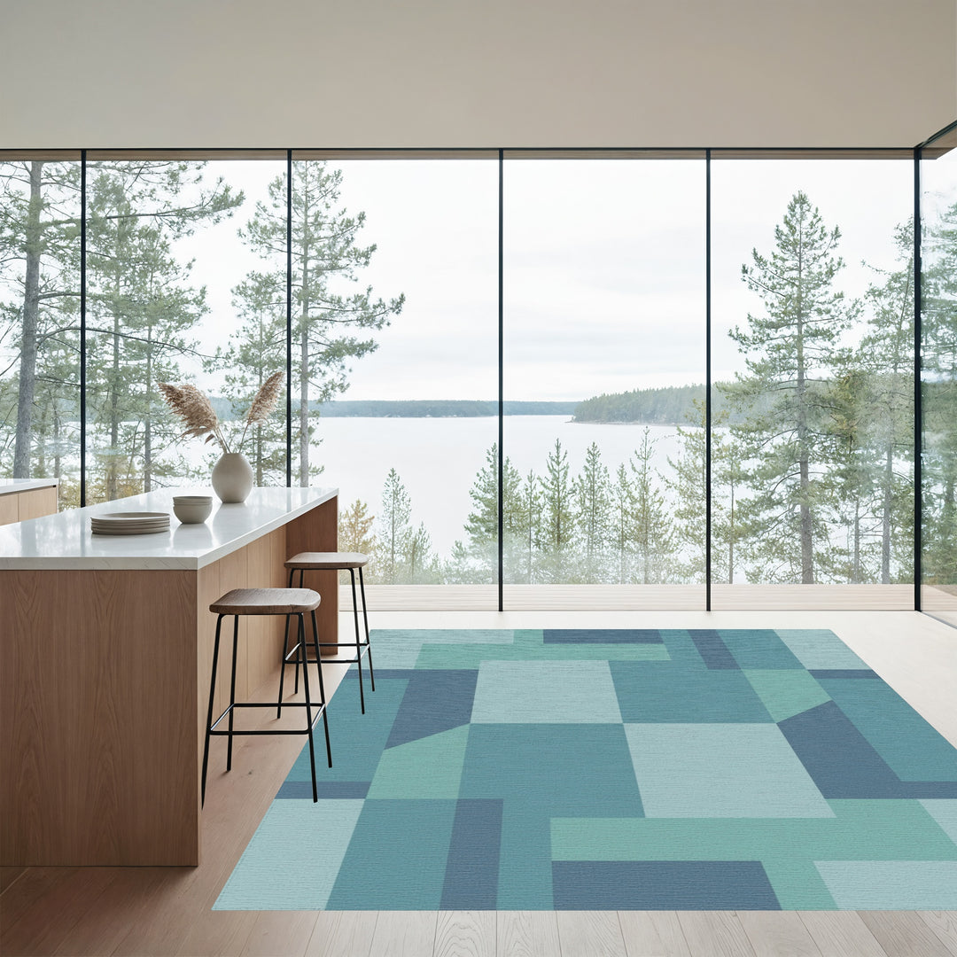 Teal Geometric Blocks Composition Rug