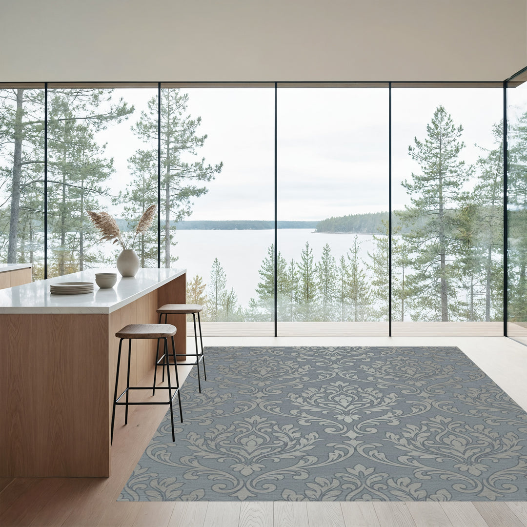 Gray Silver Damask Scroll Rug