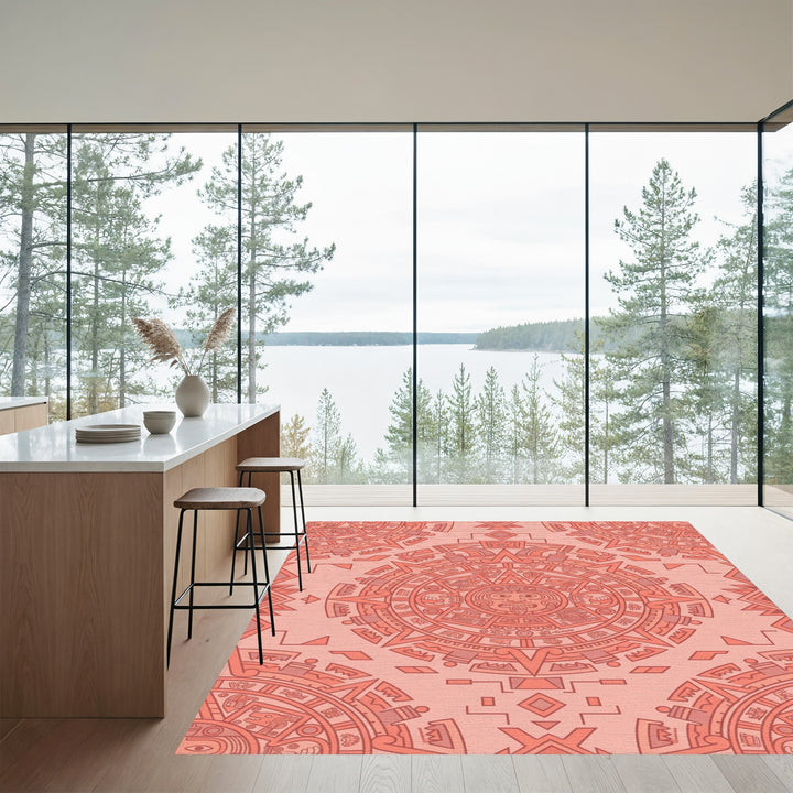 Coral Sunrise Mesoamerican Sun Stone Rug