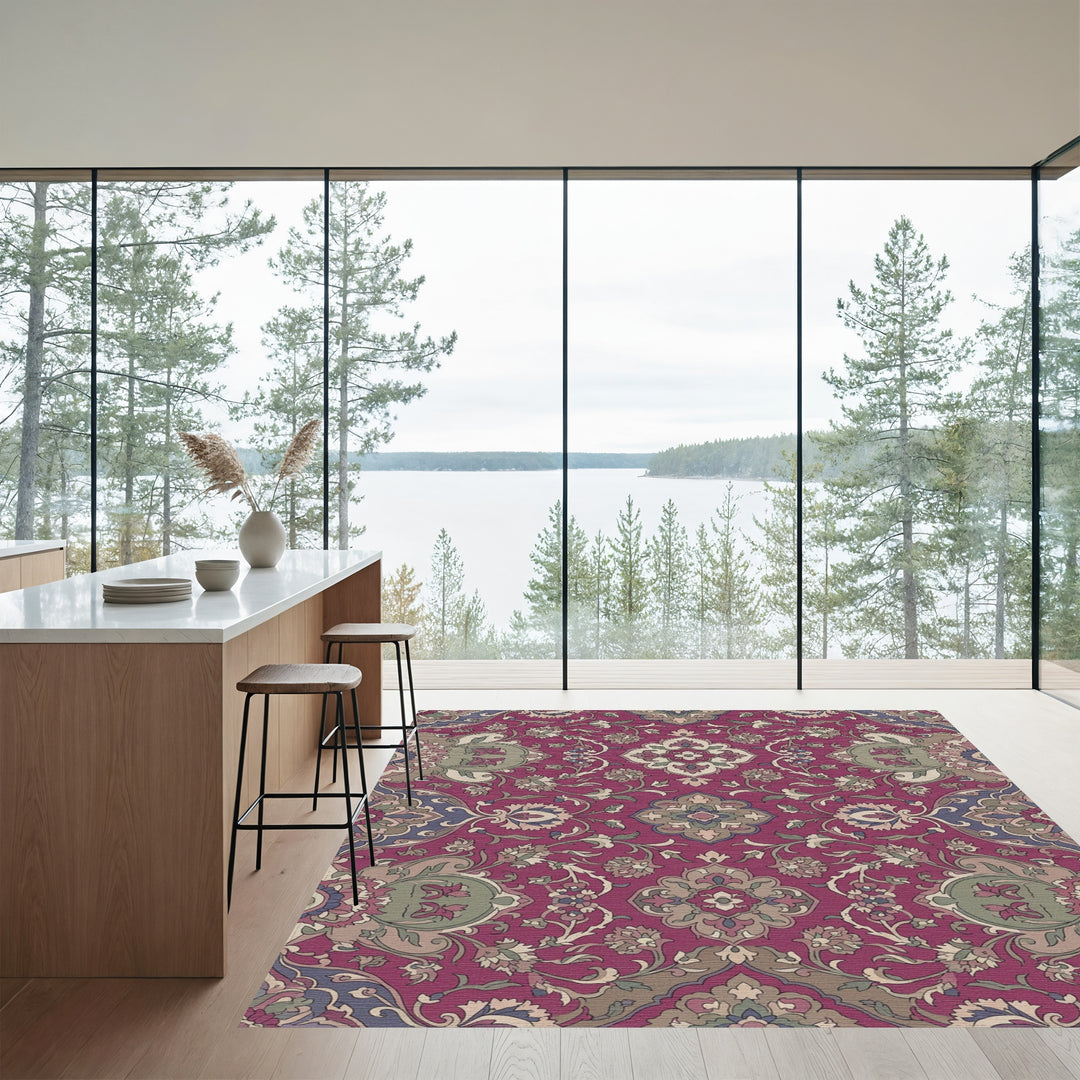 Deep Crimson Floral Medallion Scroll Rug