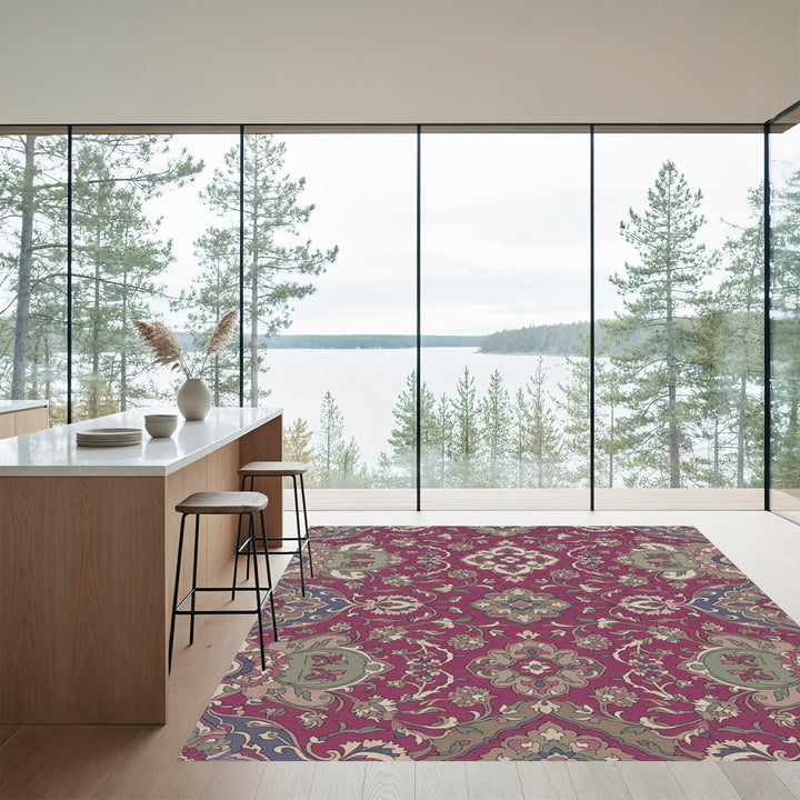 Deep Crimson Floral Medallion Scroll Rug