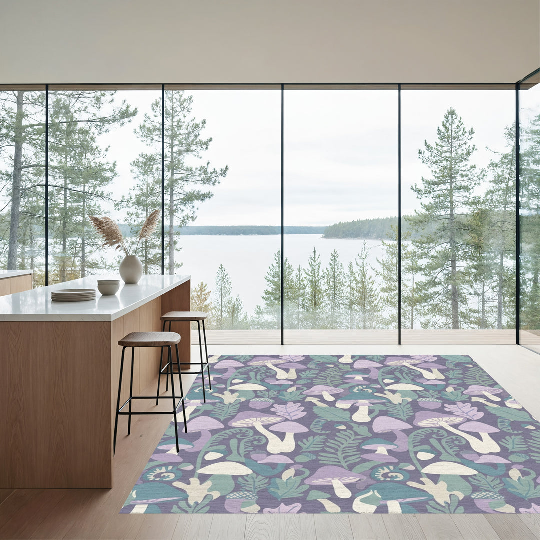 Whimsical Purple Mushroom Forest Ferns Rug