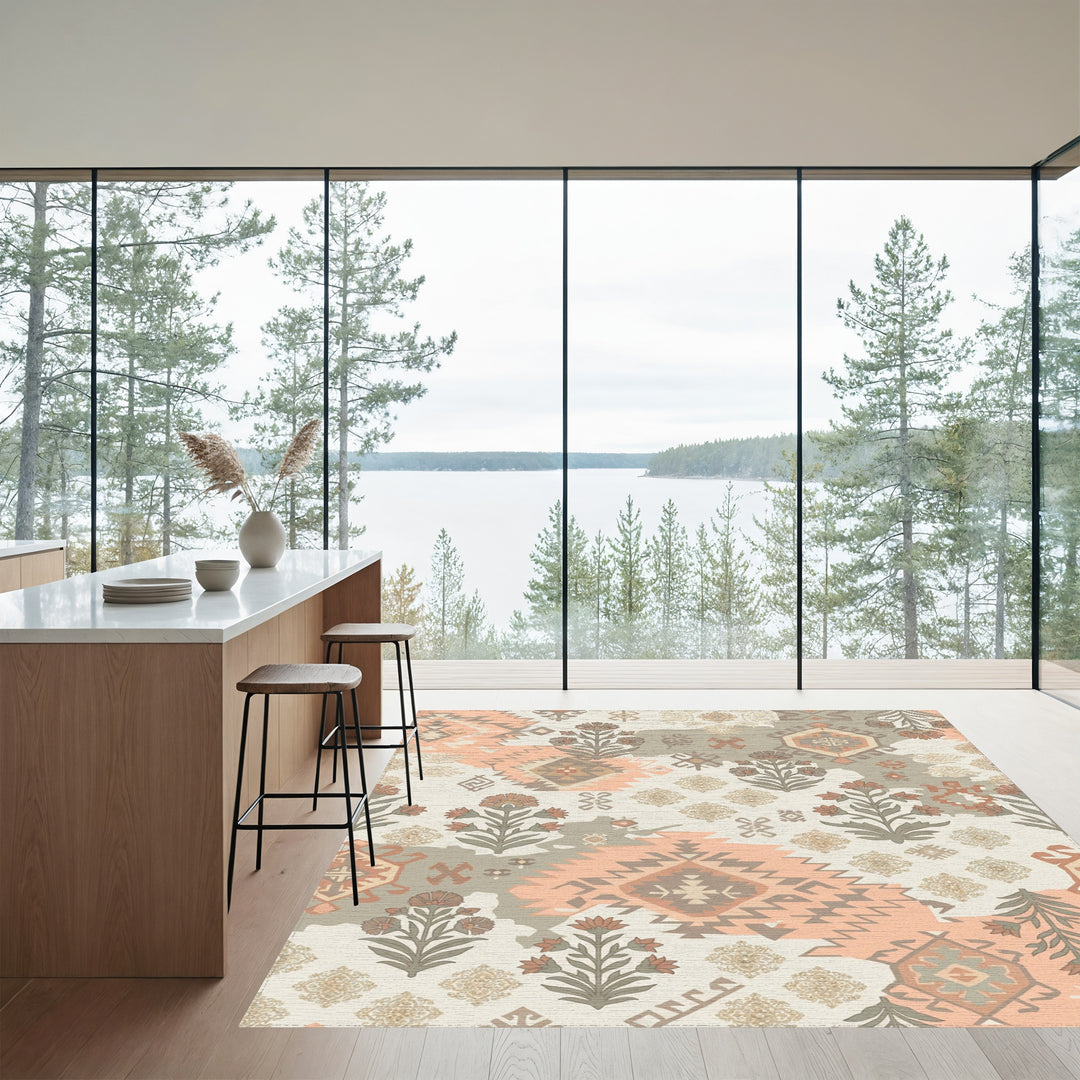 Terracotta Peach Geometric Medallion Floral Rug