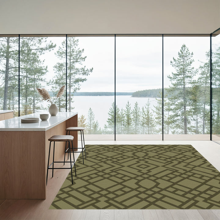 Olive Green Interlocking Geometric Lattice Rug