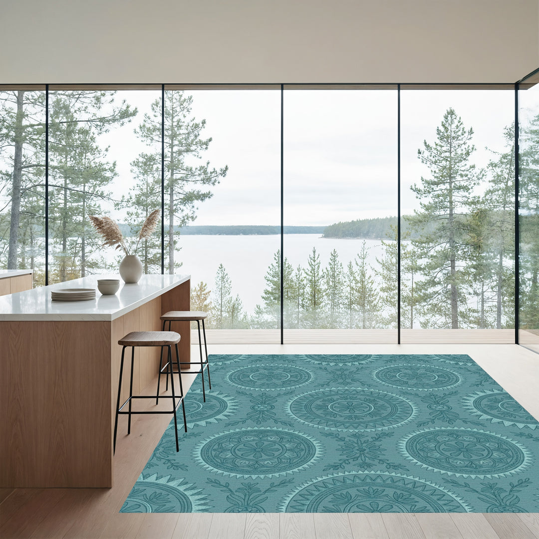 Teal Medieval Medallion Floral Brocade Rug
