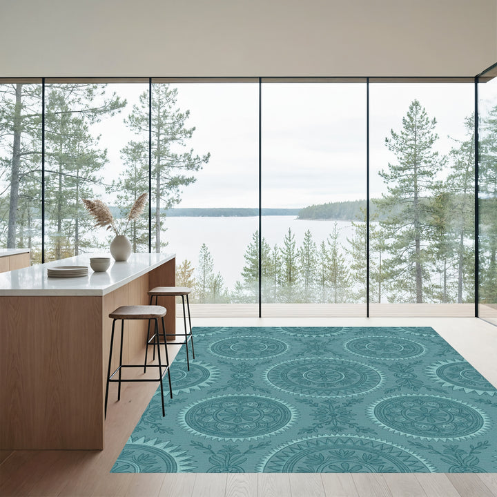 Teal Medieval Medallion Floral Brocade Rug