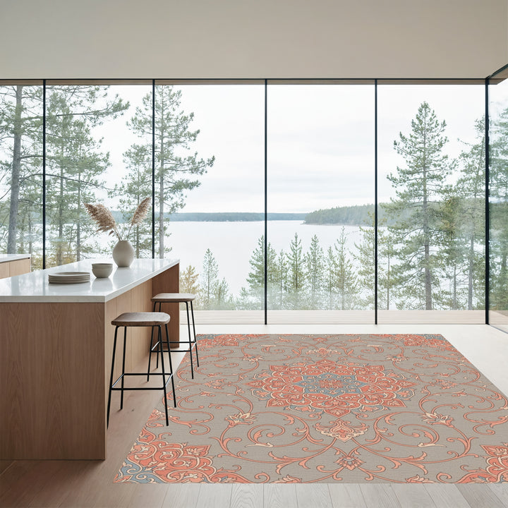 Coral Blue Gray Floral Medallion Art Rug