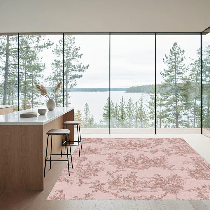 Rose Pink Toile Garden Scene Rug