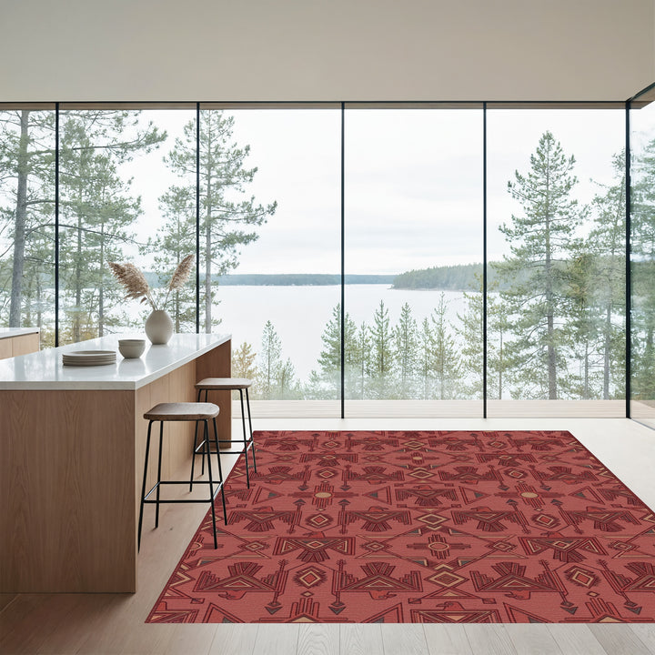 Crimson Tribal Thunderbird Geometric Rug