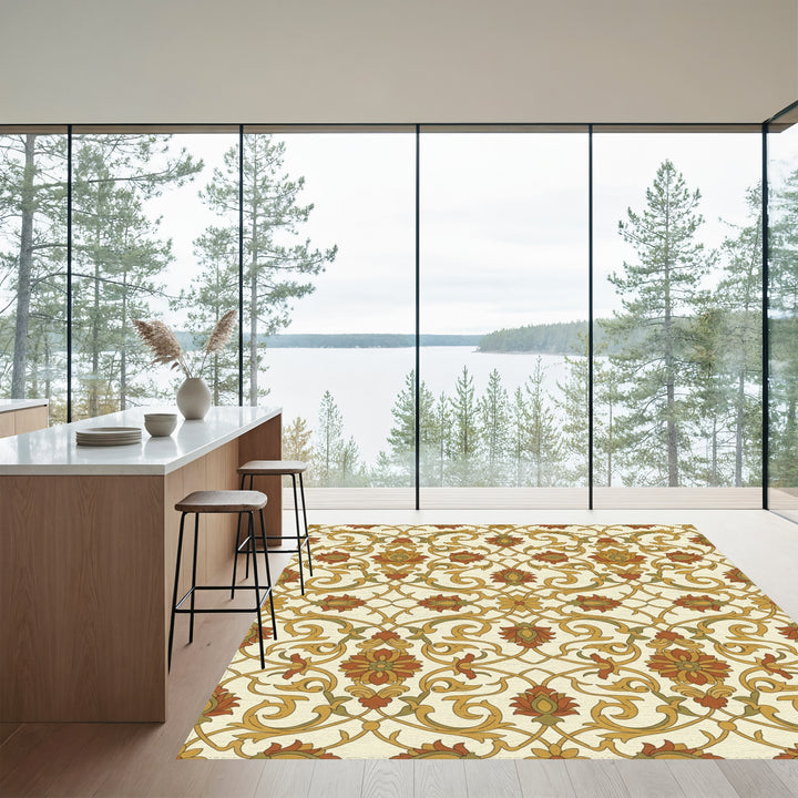 Terracotta Ochre Floral Lattice Rug