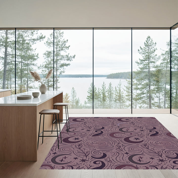 Mystical Crescent Moon Starry Night Swirls Rug
