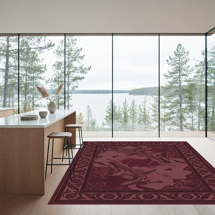 Deep Burgundy Floral Medallion Border Rug