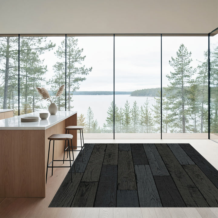 Dark Grey Weathered Wood Plank Texture Rug