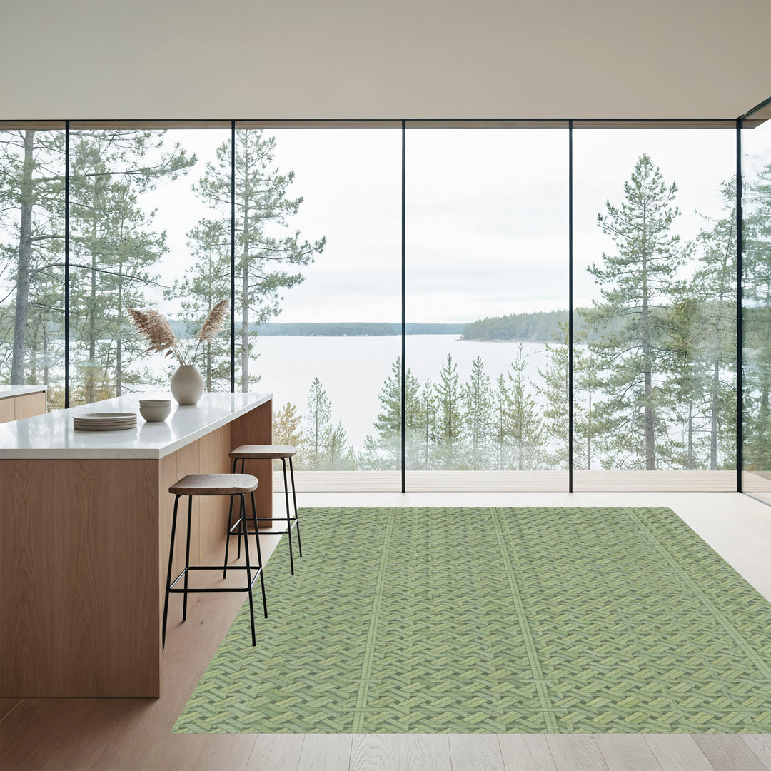 Subtle Green Woven Overlapping Squares Rug