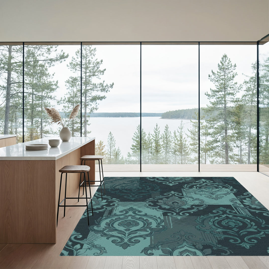 Deep Teal Damask Patchwork Rug