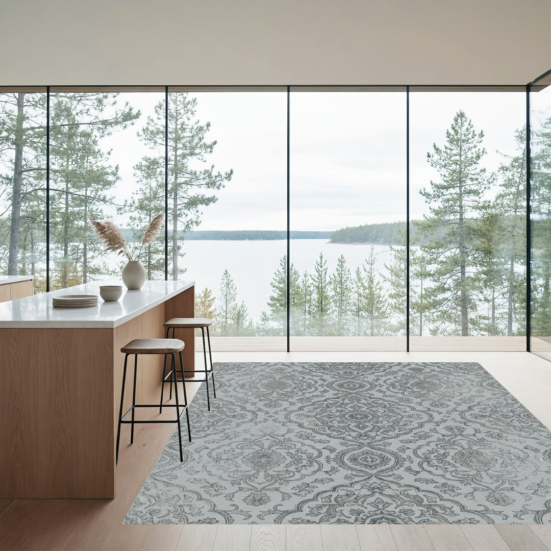 Classic Gray Filigree Damask Rug