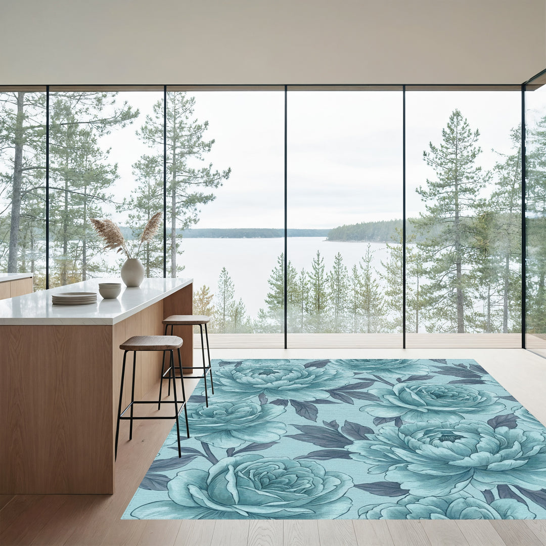 Teal Peony Garden Floral Rug