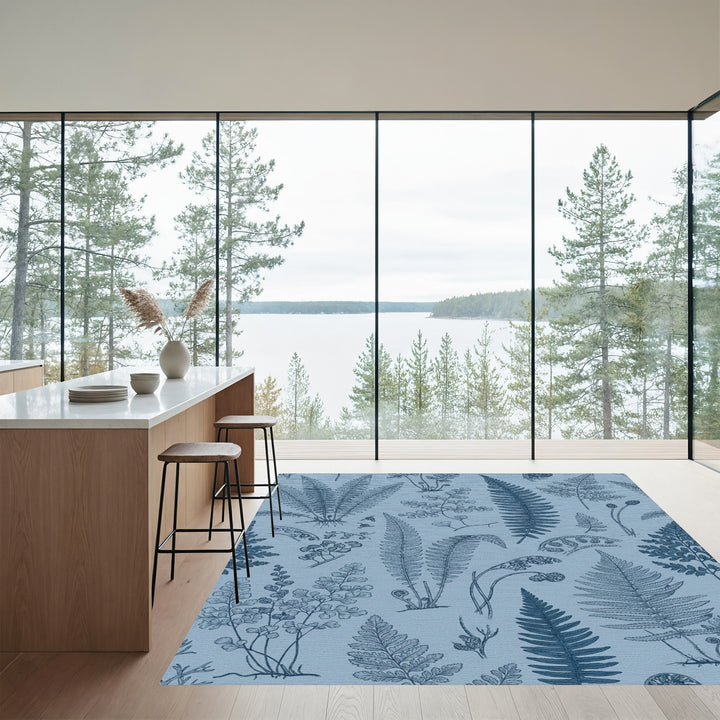 Vintage Blue Fern Botanical Illustration Rug