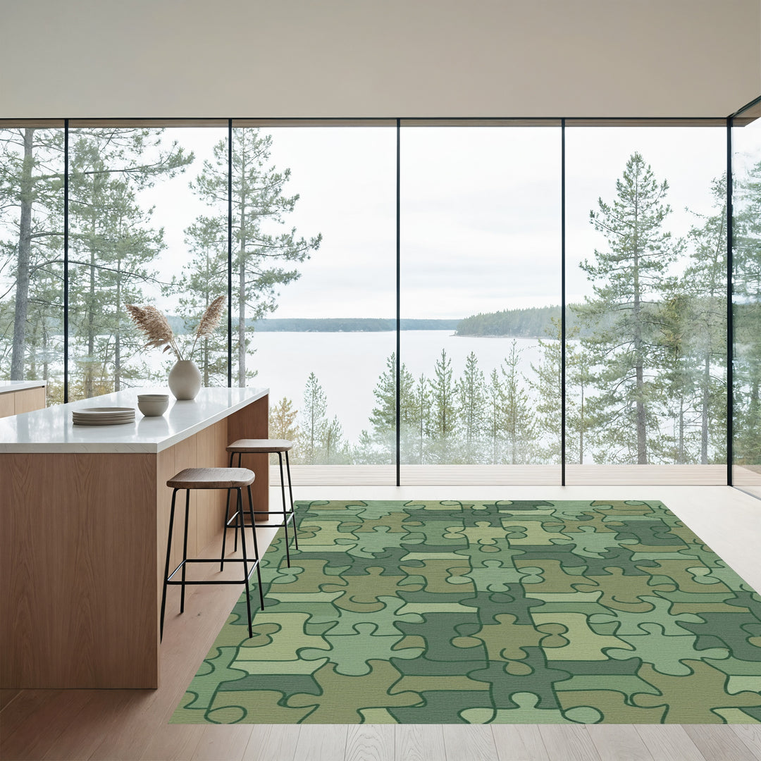 Green Camouflage Puzzle Piece Arrangement Rug