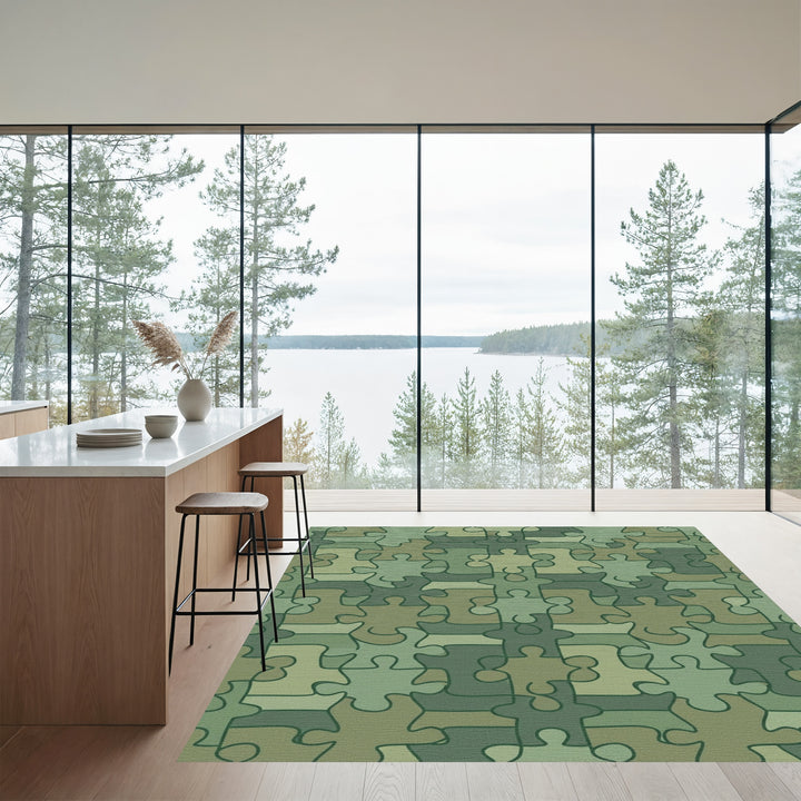 Green Camouflage Puzzle Piece Arrangement Rug