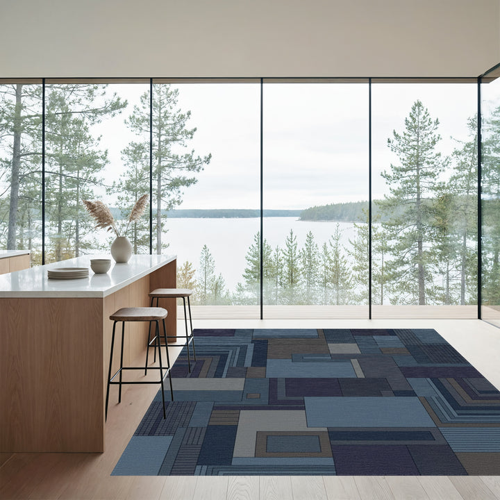 Modern Deep Blue Geometric Blocks Rug