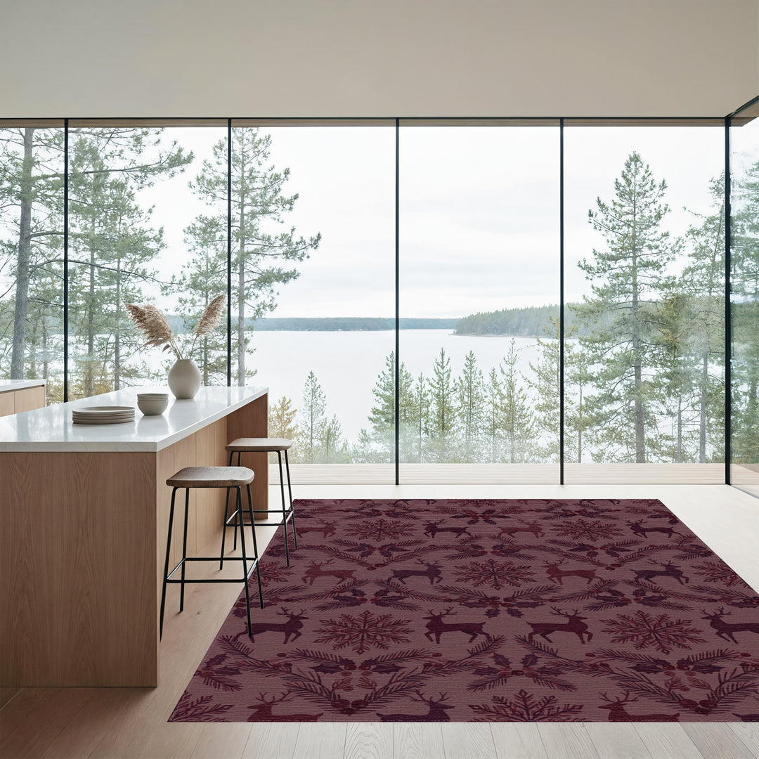 Crimson Reindeer Snowflake Evergreen Arrangement Rug