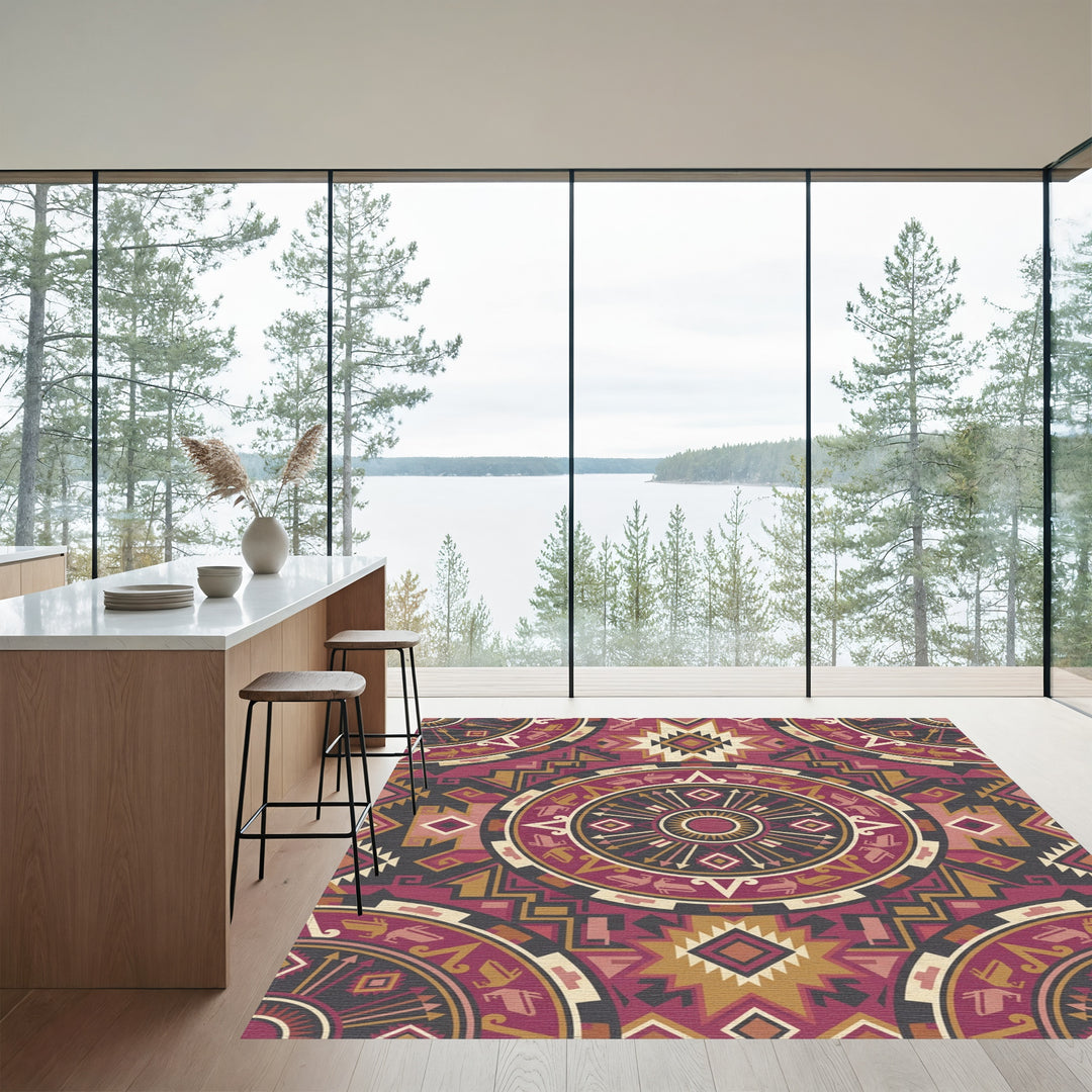 Rich Burgundy Geometric Sunburst Mandala Rug