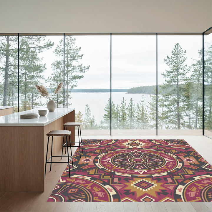 Rich Burgundy Geometric Sunburst Mandala Rug