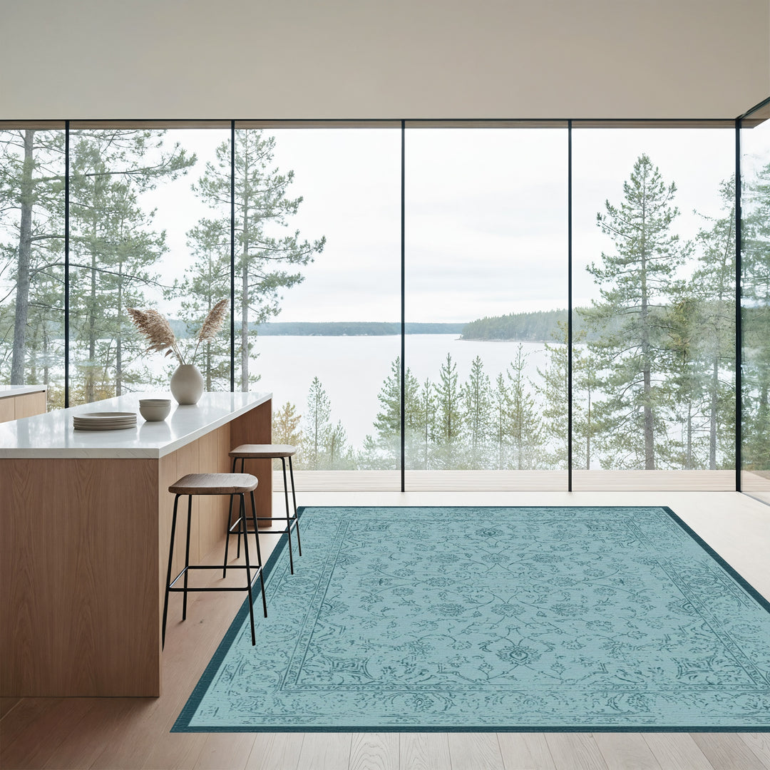 Distressed Teal Floral Medallion Rug