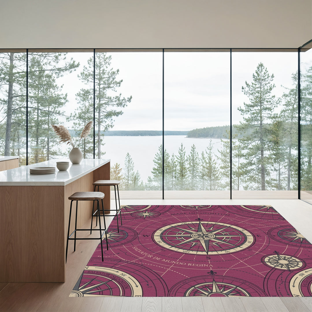 Antique Maroon Compass Rose Map Rug
