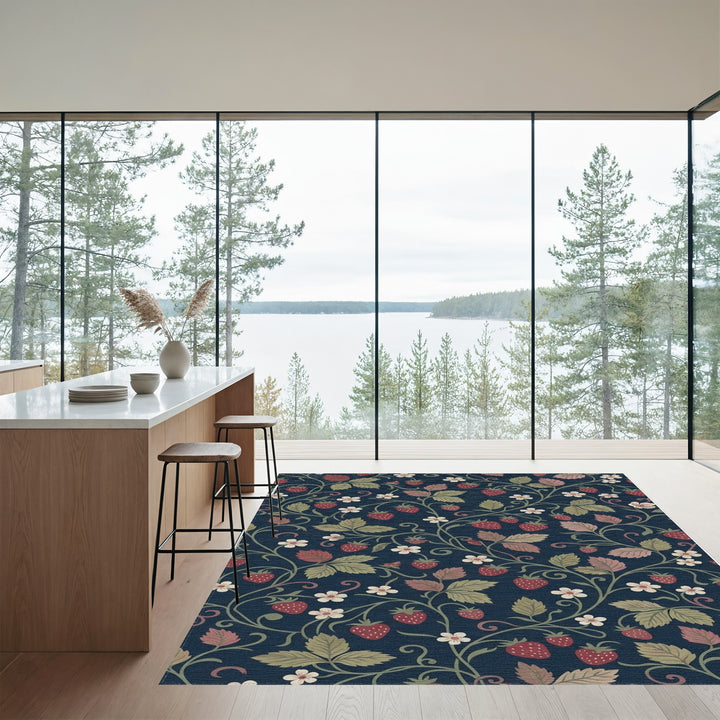 Navy Strawberry Vine Floral Rug